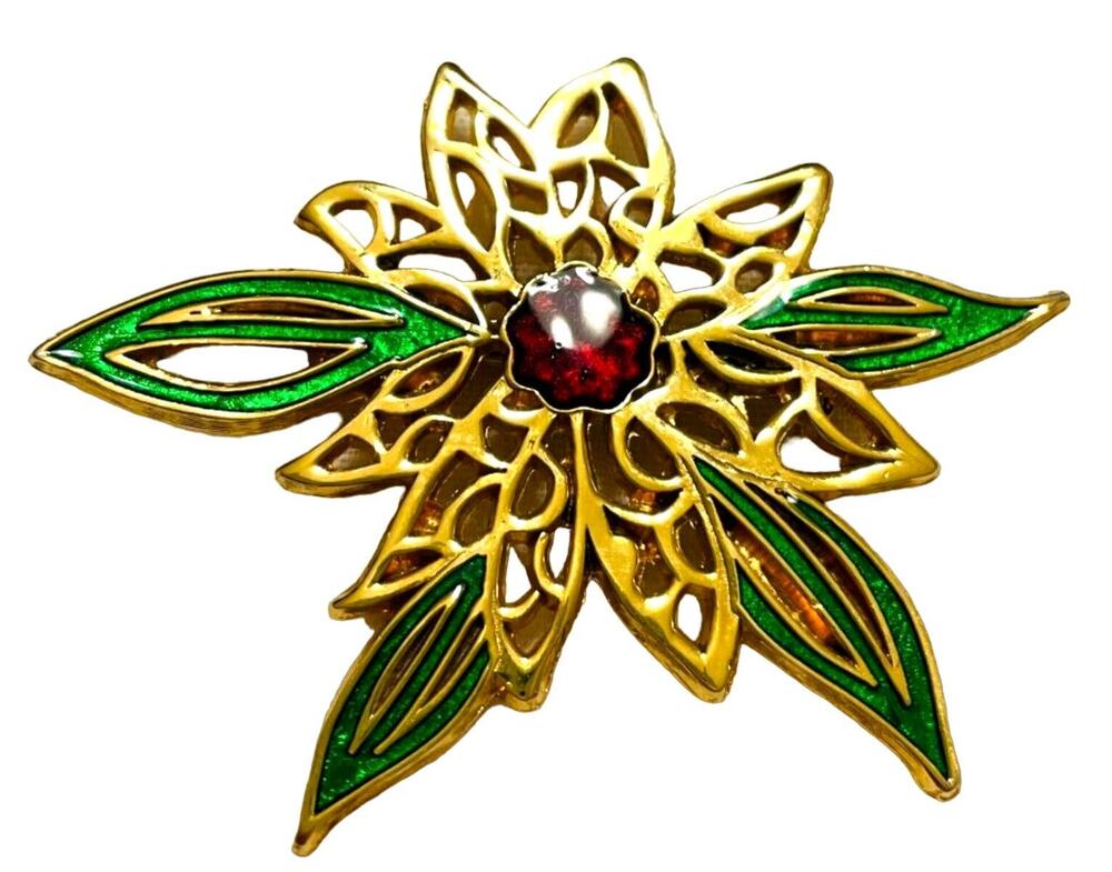 Colorful Poinsettia Brooch Red Green Enamel Cutout Gold Tone Metal Christmas Pin